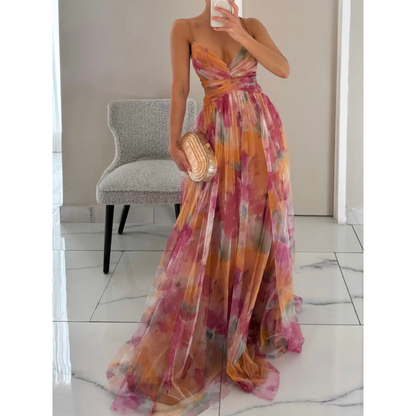 Elena | Elegant, blomstrete maxikjole med V-hals